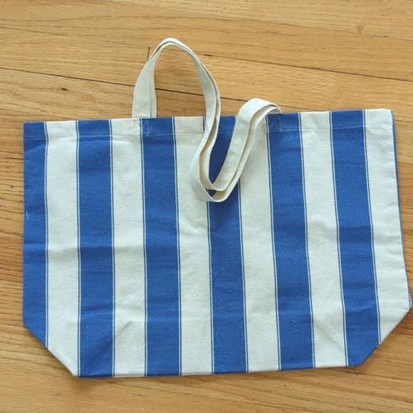 New Sézane Striped Canvas Tote Bag Blue Cream French Bonjour - Picture 2 of 4
